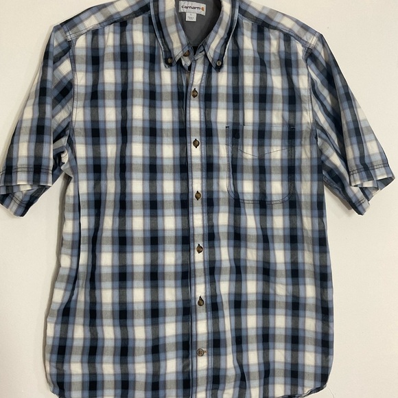 Carhartt Blue Plaid Button Down Short Sleeve Shirt Men’s Size Large - Picture 2 of 9